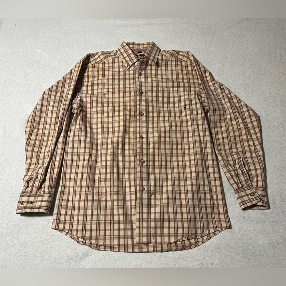 Ariat Shirt Mens Medium Plaid Yellow Long Sleeve Pro Series Pocket Ranch *flaws